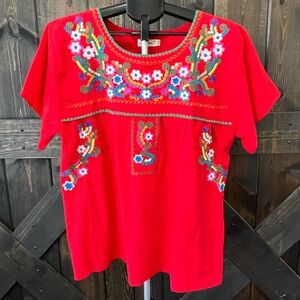 YZXDORWJ Floral Embroidered Top XXL Red Mexican Summer Boho Festival Casual